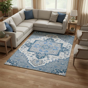 HomeRoots 8' X 10' Blue Ivory Gray Oriental Area Rug - Washable, UV Protected, Durable for High-Traffic Spaces 681297