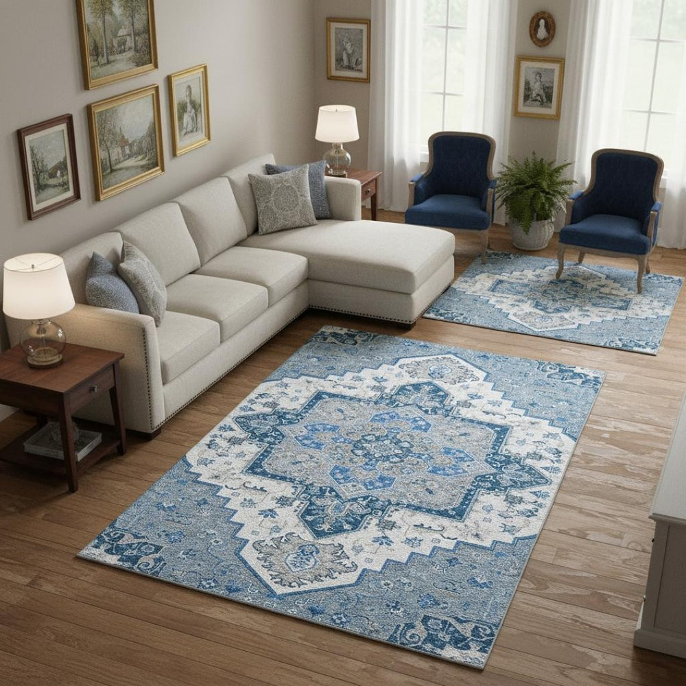 HomeRoots 9' X 12' Elegant Blue Ivory Gray Oriental Rug - Washable, UV Protected, Stain Resistant for Busy Homes 681298