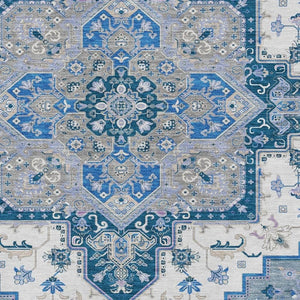 HomeRoots 9' X 12' Elegant Blue Ivory Gray Oriental Rug - Washable, UV Protected, Stain Resistant for Busy Homes 681298