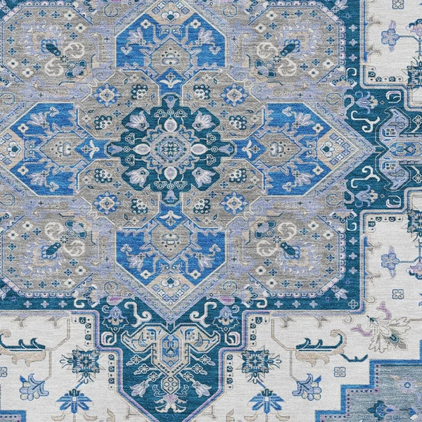 HomeRoots 9' X 12' Elegant Blue Ivory Gray Oriental Rug - Washable, UV Protected, Stain Resistant for Busy Homes 681298