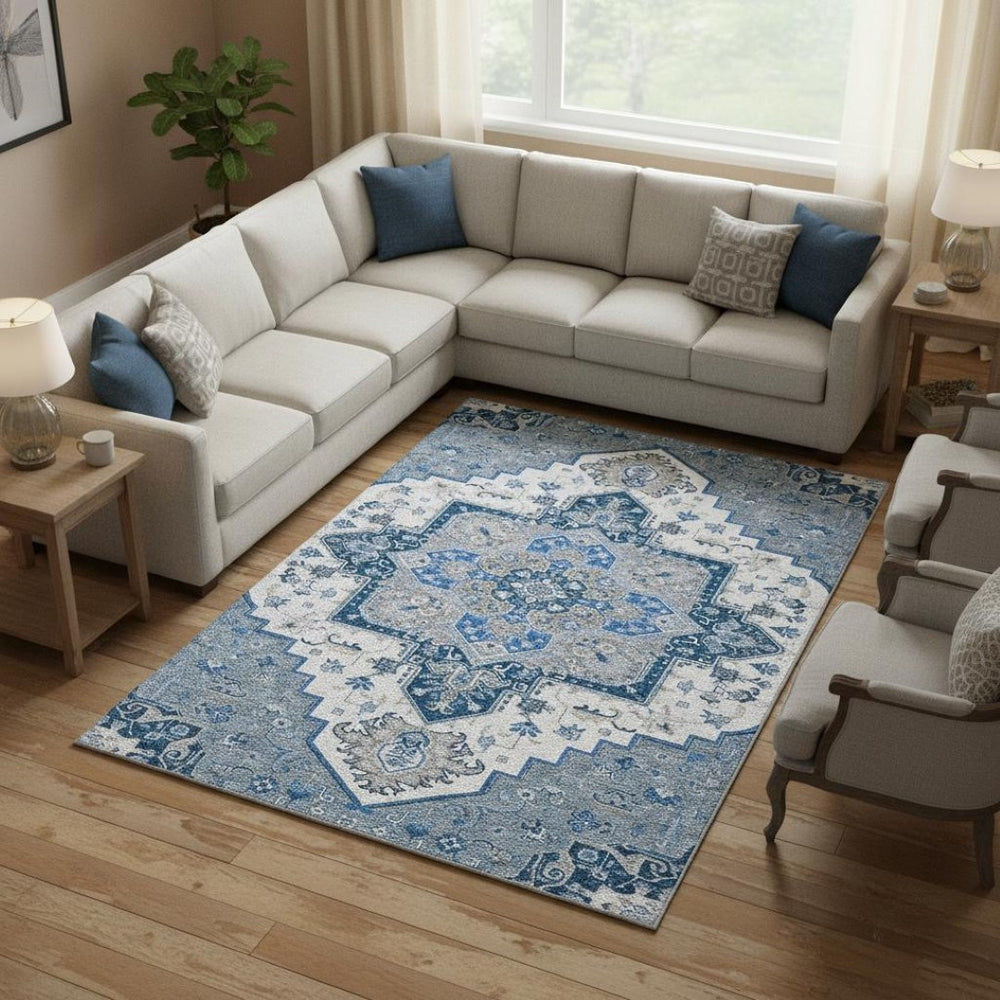 HomeRoots 10' Blue, Ivory & Gray Oriental Washable Area Rug - Durable, UV Protected, Perfect for Large Spaces! 681299