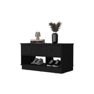 English Elm Tulip Light Oak Storage Bench with Two Drawers and Shelves — Modern Ergonomic Accent for Living Room Black 40 L x 22 W x 5 H B128P148982