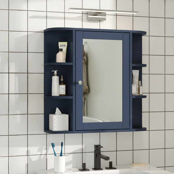 English Elm Bathroom Wall Cabinet with Mirror Door Open Shelving and Adjustable Interior Storage Blue N817P375228B