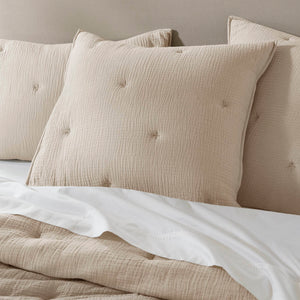JLA Home Harbor House Blue - Cotton breathable muslin Euro sham with crinkled gauze and delicate embroidery for cozy layered style Taupe HH11-1894