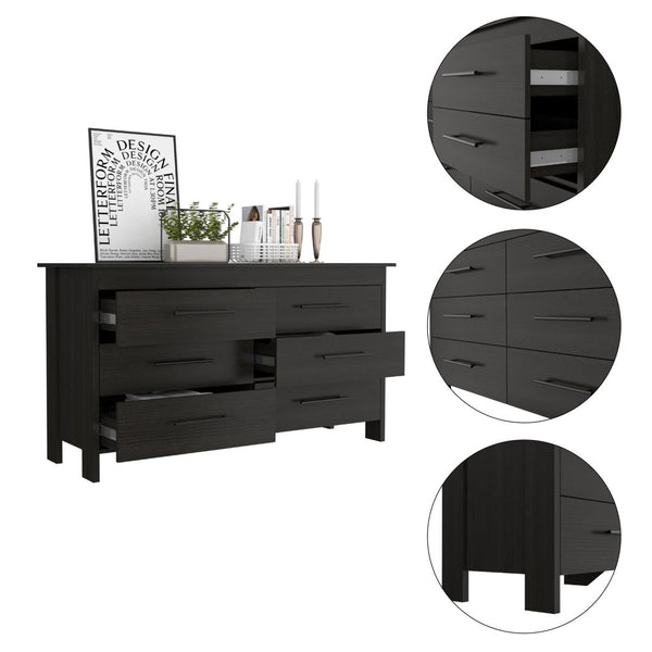 English Elm Paris Six Drawer Double Dresser Black Wengue Finish Mid-century Bedroom Storage B097S00241