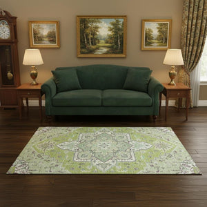 HomeRoots 5' X 8' Green Ivory Gray Oriental Washable Area Rug with UV Protection, Stain-Resistant & Durable 681301