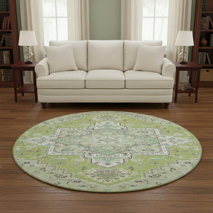 HomeRoots 8' Green Ivory and Gray Oriental Round Rug - Washable, UV-Protected, Durable for High-Traffic Areas 681302