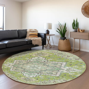 HomeRoots 8' Green Ivory and Gray Oriental Round Rug - Washable, UV-Protected, Durable for High-Traffic Areas 681302