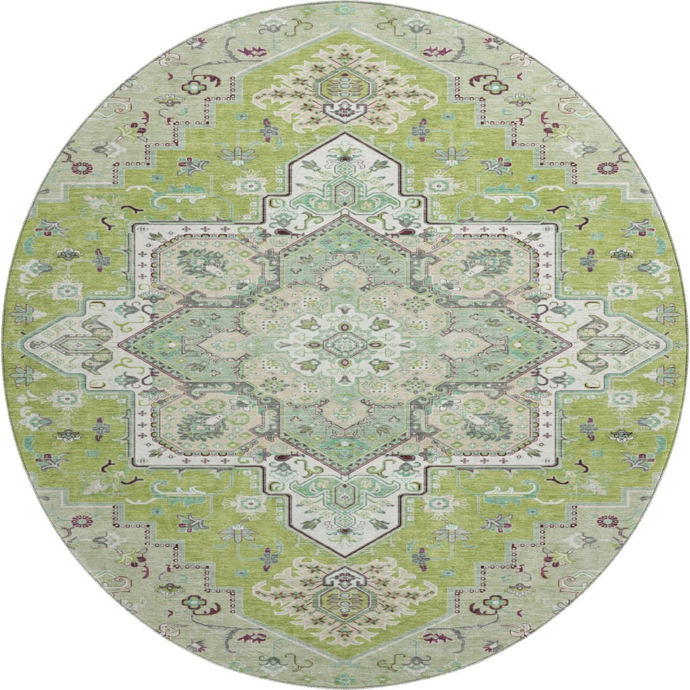HomeRoots 8' Green Ivory and Gray Oriental Round Rug - Washable, UV-Protected, Durable for High-Traffic Areas 681302