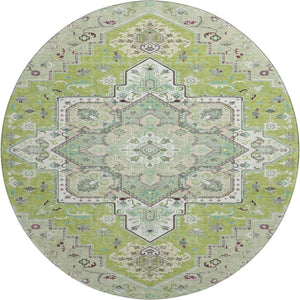 HomeRoots 8' Green Ivory and Gray Oriental Round Rug - Washable, UV-Protected, Durable for High-Traffic Areas 681302