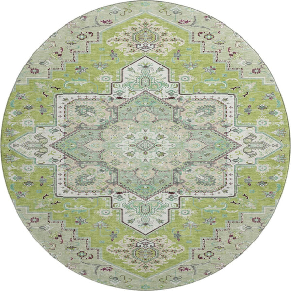 HomeRoots 8' Green Ivory and Gray Oriental Round Rug - Washable, UV-Protected, Durable for High-Traffic Areas 681302