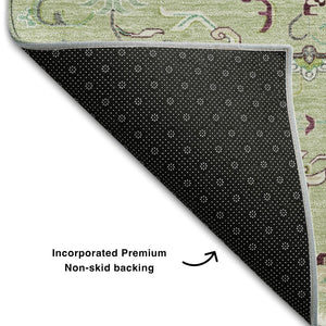 HomeRoots 8' Green Ivory and Gray Oriental Round Rug - Washable, UV-Protected, Durable for High-Traffic Areas 681302