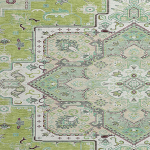 HomeRoots 8' Green Ivory and Gray Oriental Round Rug - Washable, UV-Protected, Durable for High-Traffic Areas 681302