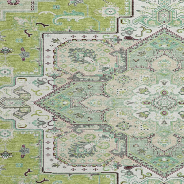 HomeRoots 8' Green Ivory and Gray Oriental Round Rug - Washable, UV-Protected, Durable for High-Traffic Areas 681302