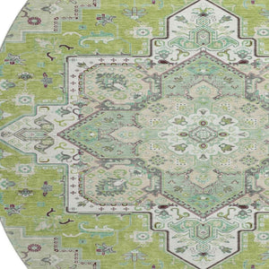 HomeRoots 8' Green Ivory and Gray Oriental Round Rug - Washable, UV-Protected, Durable for High-Traffic Areas 681302