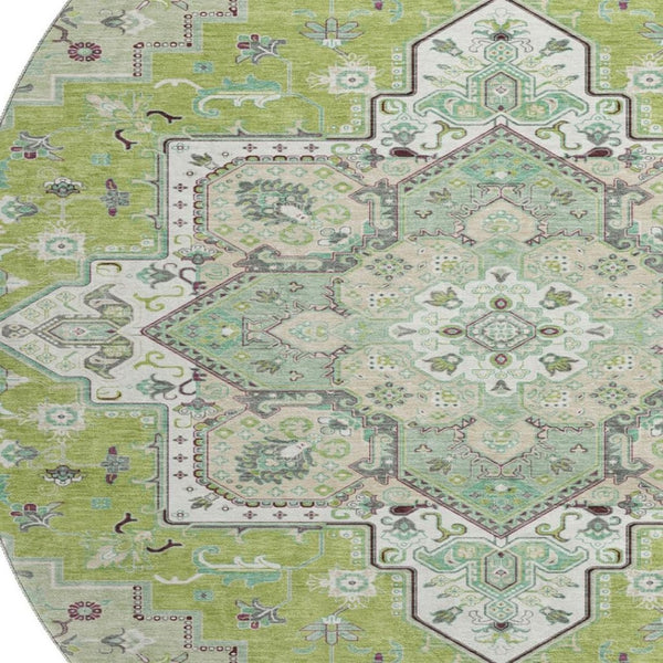 HomeRoots 8' Green Ivory and Gray Oriental Round Rug - Washable, UV-Protected, Durable for High-Traffic Areas 681302