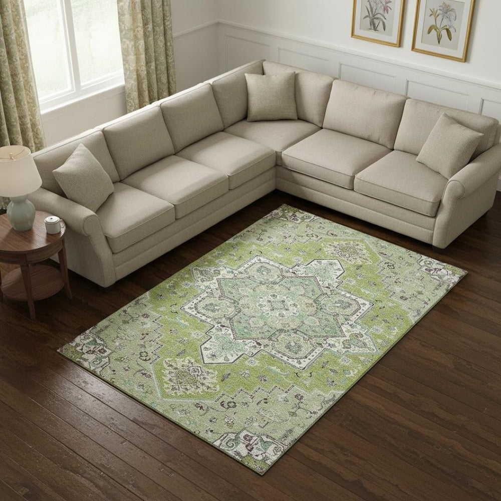 HomeRoots 8' X 10' Elegant Green Ivory Gray Oriental Area Rug - Washable, UV Protected, Durable Design for Homes 681303