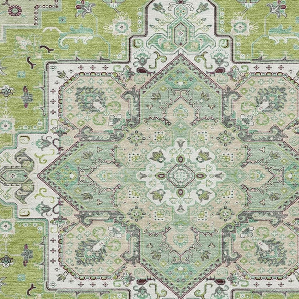 HomeRoots 8' X 10' Elegant Green Ivory Gray Oriental Area Rug - Washable, UV Protected, Durable Design for Homes 681303