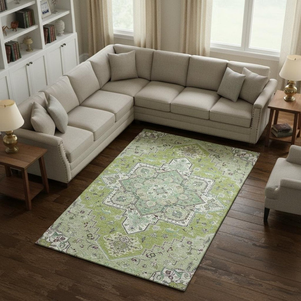 HomeRoots 9' X 12' Washable Oriental Area Rug with UV Protection – Elegant Green Ivory Gray Design for Families 681304