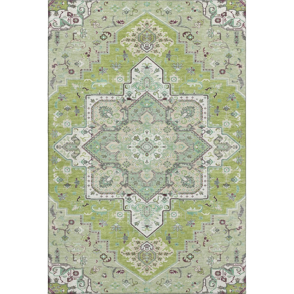 HomeRoots 9' X 12' Washable Oriental Area Rug with UV Protection – Elegant Green Ivory Gray Design for Families 681304