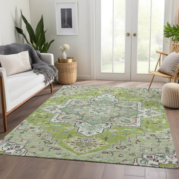 HomeRoots 9' X 12' Washable Oriental Area Rug with UV Protection – Elegant Green Ivory Gray Design for Families 681304