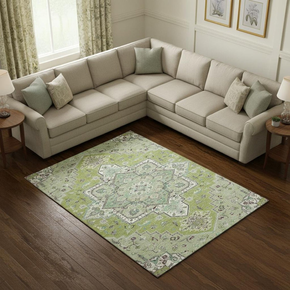 HomeRoots 10' X 14' Washable Oriental Area Rug in Green, Ivory & Gray - Durable, UV Protected, Stylish Design 681305