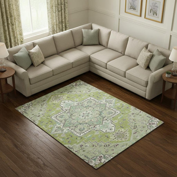 HomeRoots 10' X 14' Washable Oriental Area Rug in Green, Ivory & Gray - Durable, UV Protected, Stylish Design 681305