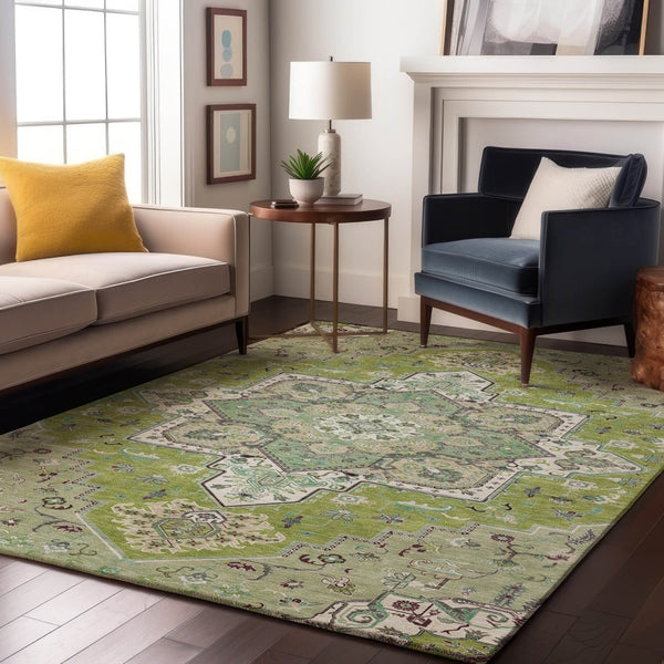 HomeRoots 10' X 14' Washable Oriental Area Rug in Green, Ivory & Gray - Durable, UV Protected, Stylish Design 681305