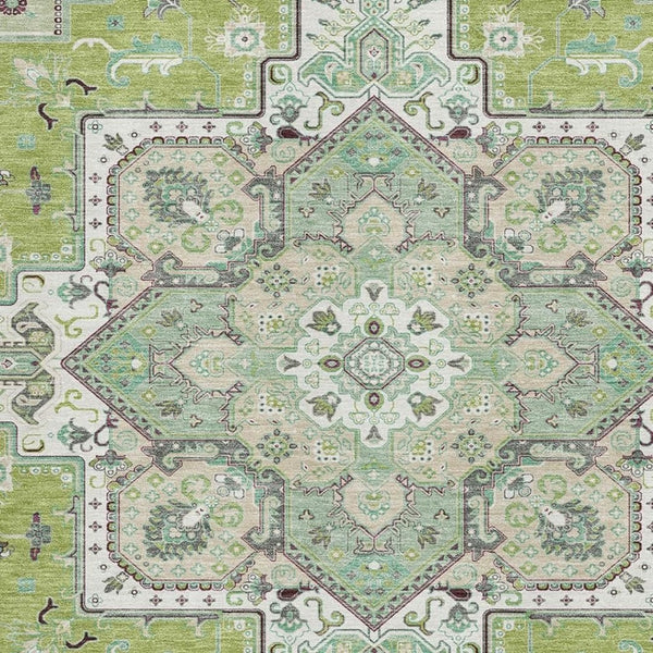 HomeRoots 10' X 14' Washable Oriental Area Rug in Green, Ivory & Gray - Durable, UV Protected, Stylish Design 681305