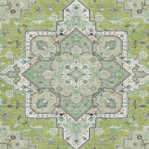 HomeRoots 10' X 14' Washable Oriental Area Rug in Green, Ivory & Gray - Durable, UV Protected, Stylish Design 681305
