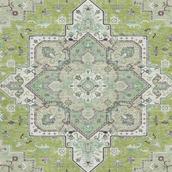 HomeRoots 10' X 14' Washable Oriental Area Rug in Green, Ivory & Gray - Durable, UV Protected, Stylish Design 681305
