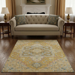 HomeRoots 5' X 8' Elegant Gold Blue Gray Oriental Area Rug - Washable, UV-Protected, Perfect for Busy Homes! 681307