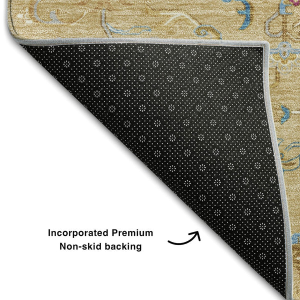 HomeRoots 5' X 8' Elegant Gold Blue Gray Oriental Area Rug - Washable, UV-Protected, Perfect for Busy Homes! 681307