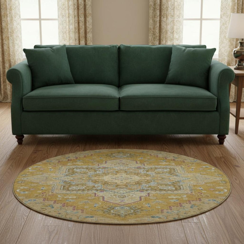 HomeRoots 8' Elegant Gold Blue and Gray Oriental Washable Round Rug with UV Protection for High Traffic Areas 681308