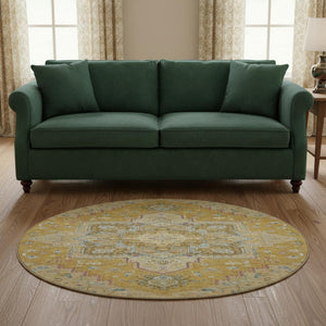 HomeRoots 8' Elegant Gold Blue and Gray Oriental Washable Round Rug with UV Protection for High Traffic Areas 681308