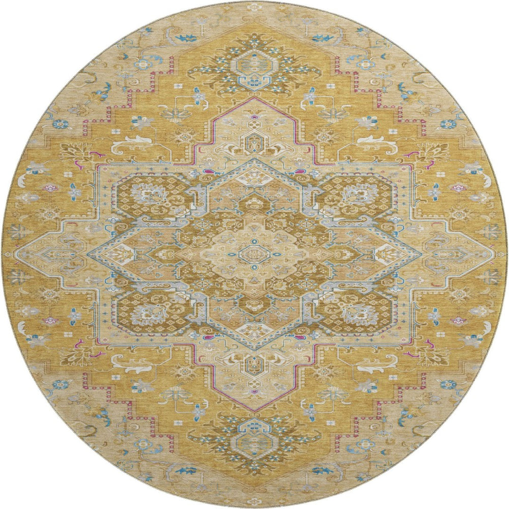 HomeRoots 8' Elegant Gold Blue and Gray Oriental Washable Round Rug with UV Protection for High Traffic Areas 681308