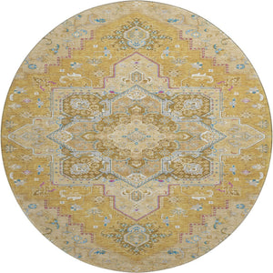 HomeRoots 8' Elegant Gold Blue and Gray Oriental Washable Round Rug with UV Protection for High Traffic Areas 681308