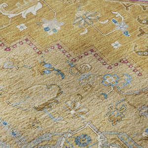 HomeRoots 8' Elegant Gold Blue and Gray Oriental Washable Round Rug with UV Protection for High Traffic Areas 681308