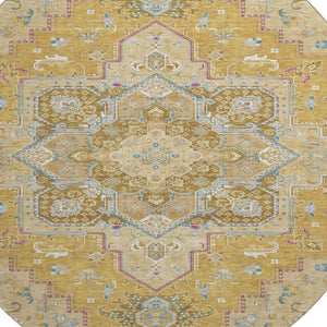 HomeRoots 8' Elegant Gold Blue and Gray Oriental Washable Round Rug with UV Protection for High Traffic Areas 681308