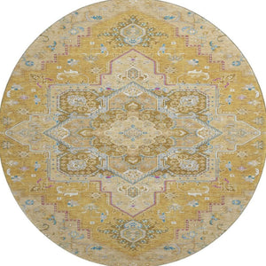 HomeRoots 8' Elegant Gold Blue and Gray Oriental Washable Round Rug with UV Protection for High Traffic Areas 681308