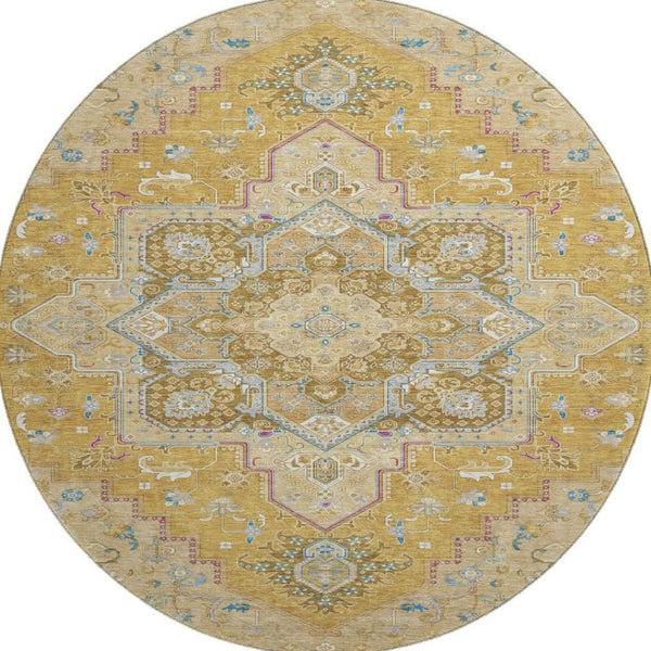 HomeRoots 8' Elegant Gold Blue and Gray Oriental Washable Round Rug with UV Protection for High Traffic Areas 681308