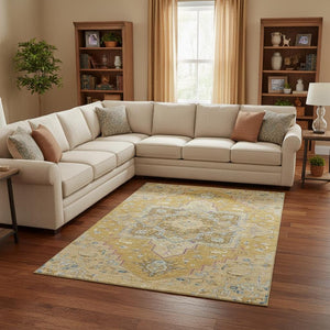HomeRoots 8' X 10' Gold Blue Gray Oriental Washable Area Rug - Durable, Stain-Resistant, UV-Protected Elegance 681309