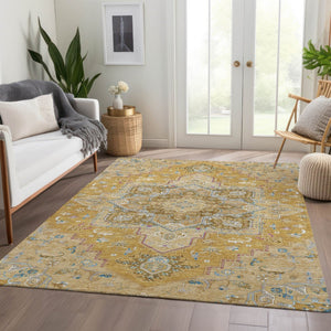 HomeRoots 8' X 10' Gold Blue Gray Oriental Washable Area Rug - Durable, Stain-Resistant, UV-Protected Elegance 681309