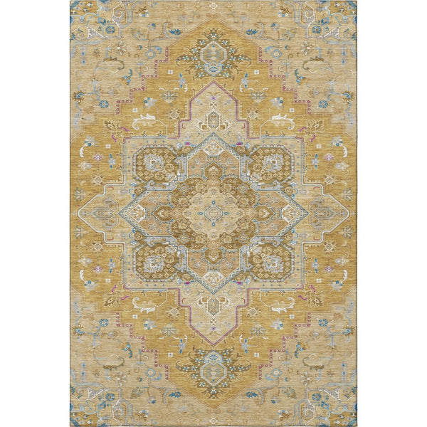 HomeRoots 8' X 10' Gold Blue Gray Oriental Washable Area Rug - Durable, Stain-Resistant, UV-Protected Elegance 681309