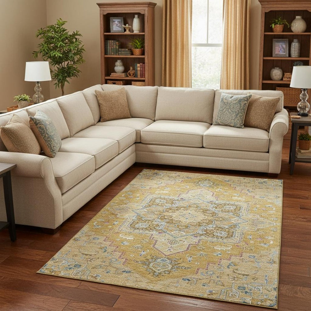 HomeRoots 9' x 12' Gold Blue Gray Oriental Area Rug – Washable, UV Protected, Durable & Perfect for Family Spaces 681310