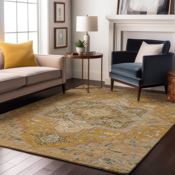 HomeRoots 9' x 12' Gold Blue Gray Oriental Area Rug – Washable, UV Protected, Durable & Perfect for Family Spaces 681310