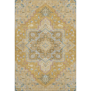HomeRoots 9' x 12' Gold Blue Gray Oriental Area Rug – Washable, UV Protected, Durable & Perfect for Family Spaces 681310