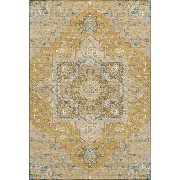 HomeRoots 9' x 12' Gold Blue Gray Oriental Area Rug – Washable, UV Protected, Durable & Perfect for Family Spaces 681310