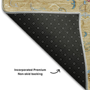 HomeRoots 9' x 12' Gold Blue Gray Oriental Area Rug – Washable, UV Protected, Durable & Perfect for Family Spaces 681310