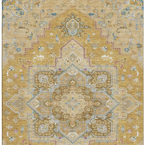 HomeRoots 9' x 12' Gold Blue Gray Oriental Area Rug – Washable, UV Protected, Durable & Perfect for Family Spaces 681310